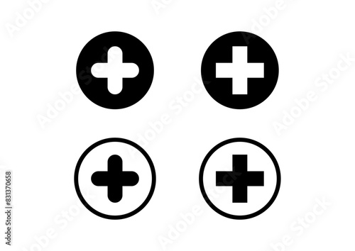Medical cross, plus, add icon, social media plus insert button.