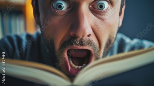 Man with wide eyes and open mouth holding a book incredulously photo