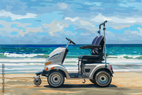 A silver two-seater electric scooter with black seats on the beach photo