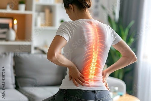  - It showcases the importance of home remedies, physical therapy, and lifestyle modifications for lumbar health. , A woman at home experiencing discomfort due to a herniated lumbar disc.