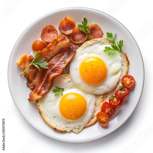 Classic breakfast with sunny-side-up eggs and crispy bacon on a white plate