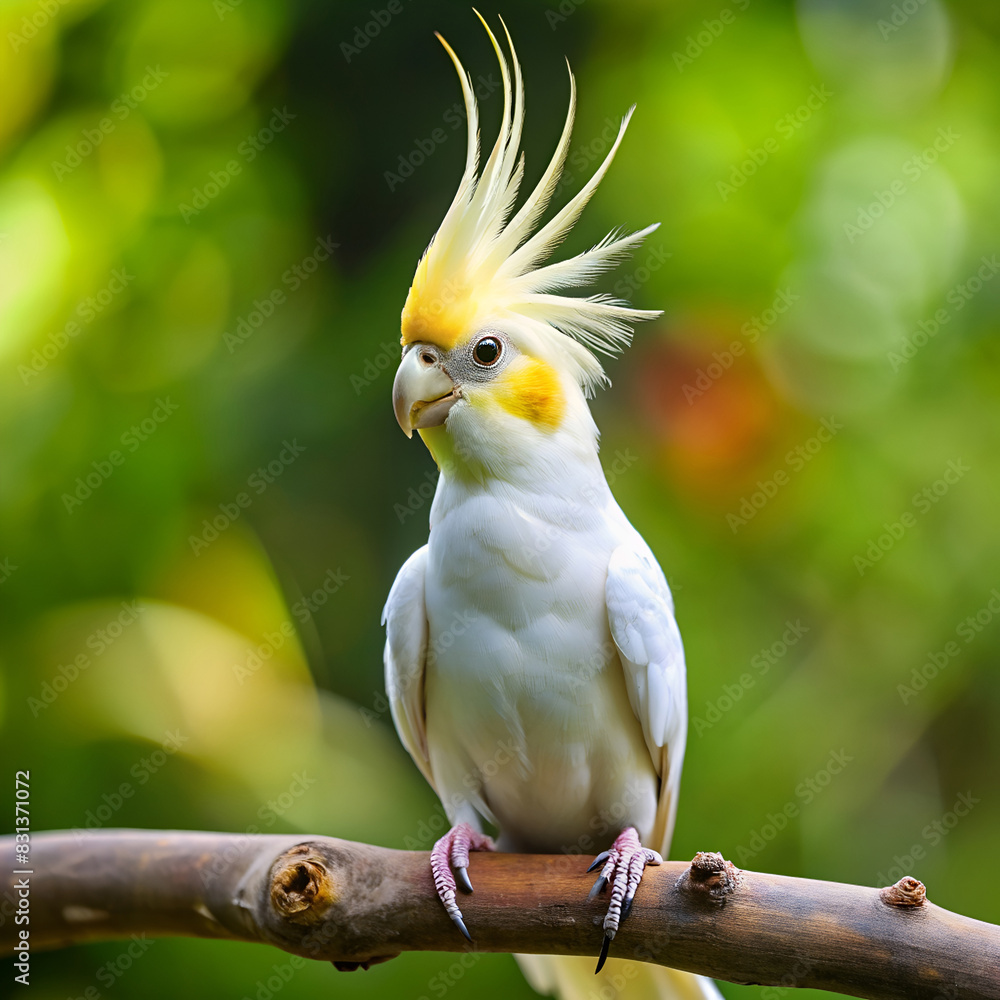 Close-up of a colorful cockatiel parrot with a vibrant crest and blurred green background Close-up of a colorful cockatiel parrot with a vibrant crest and blurred green background