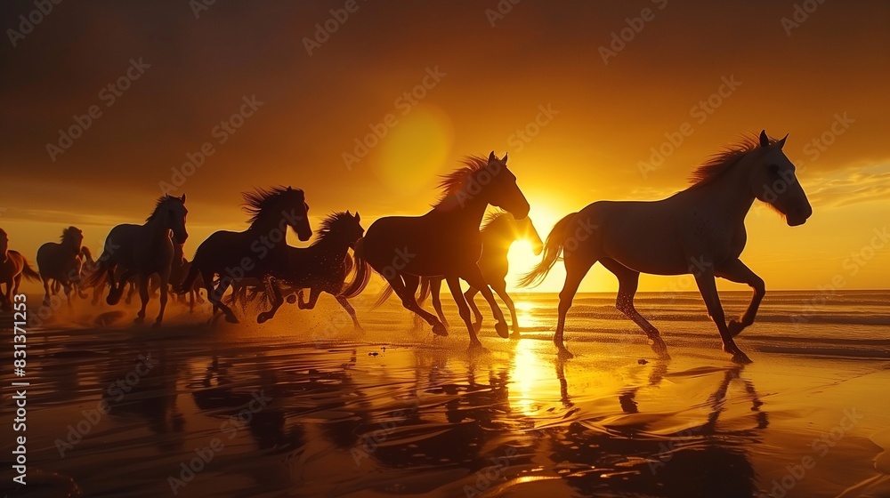 Fototapeta premium AI generated illustration of a herd of wild horses galloping across a serene beach at sunset