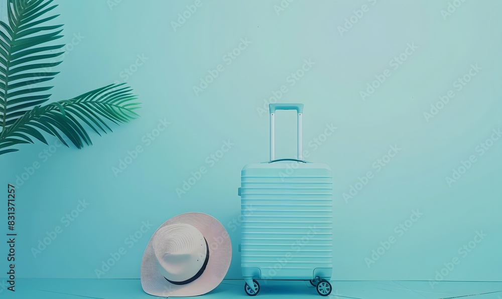 Obraz premium Minimalist Blue Suitcase with Sunglasses and Hat in Pastels