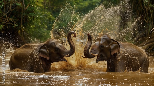 AI generated illustration of elephants engaging in a playful water fight in a river