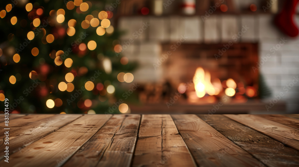 Empty Cozy Wooden Table with Defocused Blurry Christmas Tree and Fireplace Background for Festive Holiday Themes and Warm Winter Settings, copyspace Empty Cozy Wooden Table with Defocused Blurry Christmas Tree and Fireplace Background for Festive Holiday Themes and Warm Winter Settings, copyspace