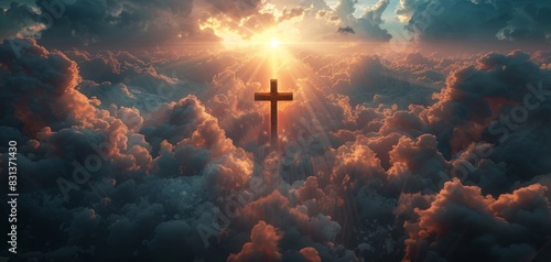 Photorealistic long shot of a sacred cross piercing through cotton-like heavenly clouds photo