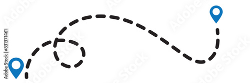 Route icon - two points with dotted path and location pin. Route location icon two pin sign and dotted line. Travel vector icon. Travel from start point and dotted line tracing