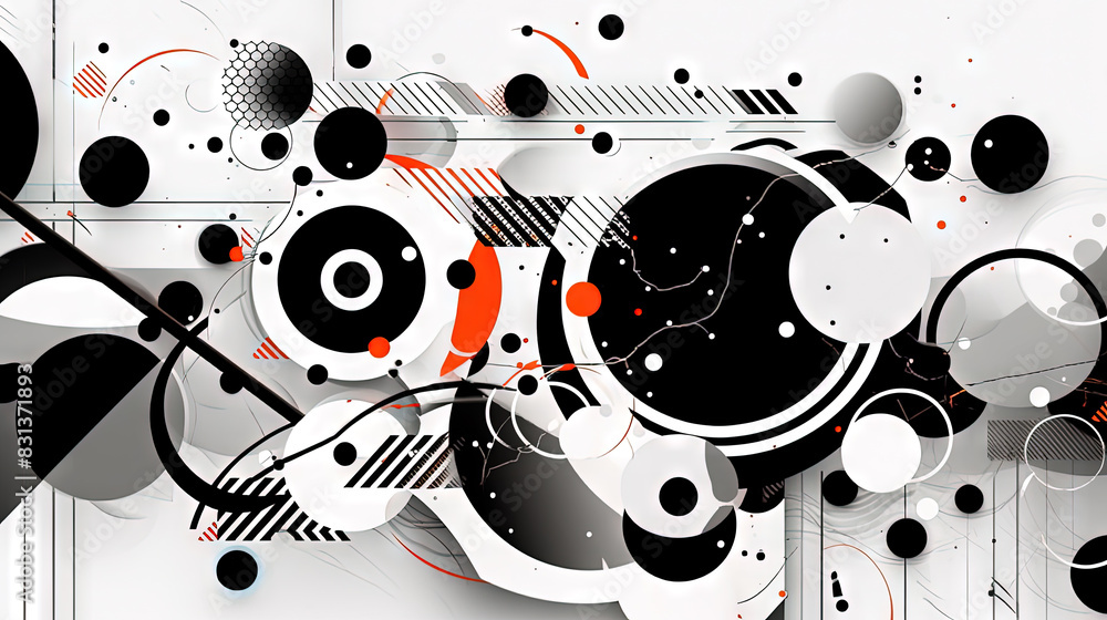 Obraz premium Geometric abstract background with black dots, circles and lines.