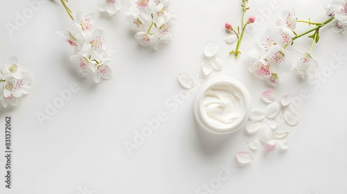 Cosmetic Cream Jar with Flowers on White Background