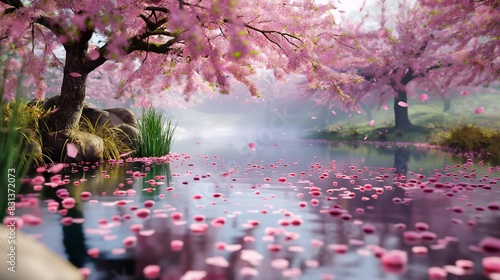 A tranquil Japanese garden with a pink sakura tree in full bloom, its branches arching over a serene pond, with pink petals scattered on the watera??s surface. 32k, full ultra hd, high resolution photo