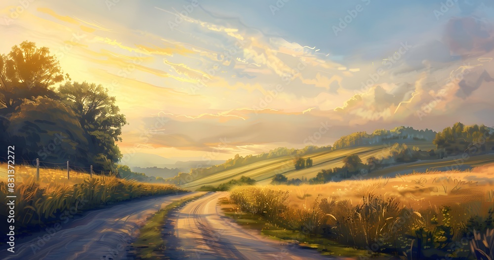 Road Leading into the Distance in a Beautiful Golden Hour Landscape