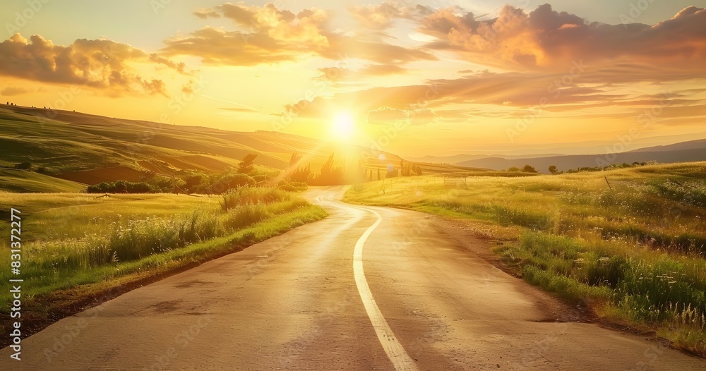 Road Leading into the Distance at Golden Hour in Photorealistic Landscape