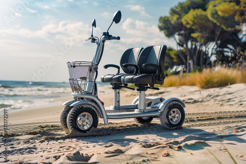 A silver two-seater electric scooter with black seats on the beach photo