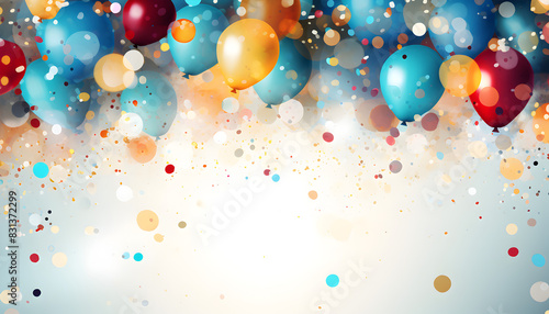 Colorful balloons and confetti on white background, perfect for celebrations and parties