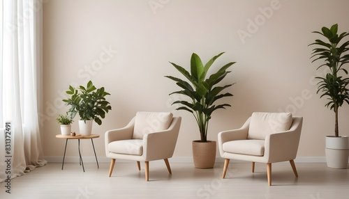 Modern minimalist interior with an armchair on an empty white color wall background. 3D Rendering