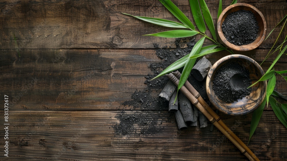 Skin care. Ingredients for mask and scrub with activated charcoal powder on dark wooden table, copy space. Skin care. Ingredients for mask and scrub with activated charcoal powder on dark wooden table, copy space.