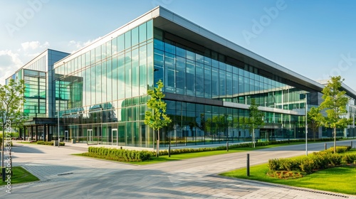 Modern factory exterior with sleek design, large glass facades, landscaped green spaces, and pathways, industrial surroundings with blue sky, atmosphere of cleanliness and innovation, photography,