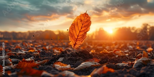 A leaf gently falls in a vibrant farm at sunset symbolizing the transition from day to night. Concept Nature, Transition, Sunset, Farm, Symbolism