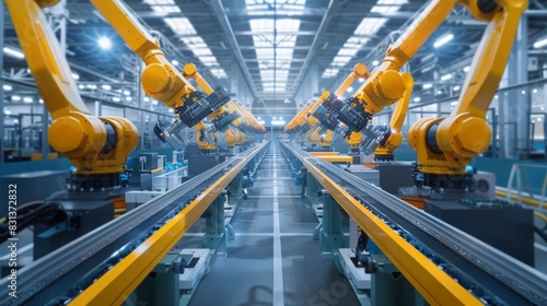 High-tech production line in a factory, robotic arms assembling products, clean and organized layout, natural light through skylights, atmosphere of technological advancement, photography, macro lens