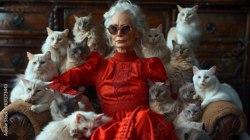 Old lady wearing red dress sitting in chair with her cats around.
