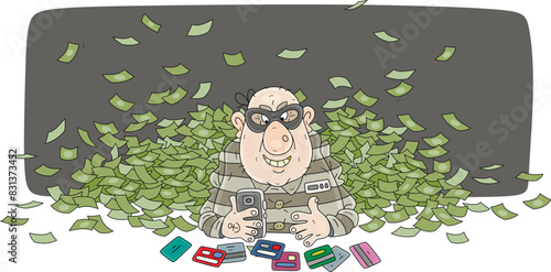 Phone scammer behind bars in prison, on the background of a heap of banknotes, extorting money from his victim via an online bank application and numbers of credit and debit cards, vector cartoon