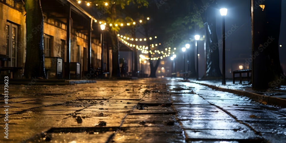Nighttime urban alley with atmospheric lighting weathered architecture and a soggy street. Concept Urban Photography, Nighttime Setting, Atmospheric Lighting, Weathered Architecture, Urban Alley