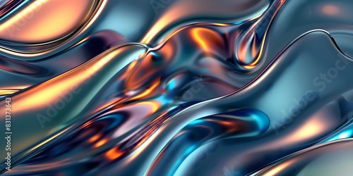 Futuristic abstract background with flowing organic shapes and iridescent colors combining metallic textures and light reflections for a sophisticated look concept