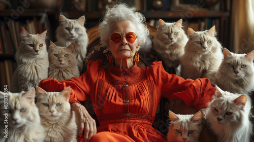 Old lady wearing red dress sitting in chair with her cats around.
