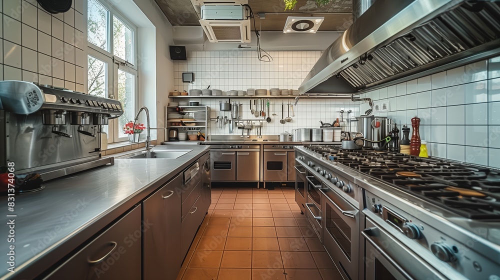 Bright Commercial Kitchen With Stainless Steel Appliances During Daytime Bright Commercial Kitchen With Stainless Steel Appliances During Daytime