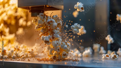 Hot popcorn being freshly popped in a movie theater concession stand  with steam rising and golden kernels in mid-air