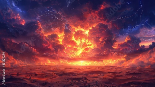 A thunderstorm over a desert, with sand dunes being whipped by the wind and lightning striking in the distance, intense and dramatic, warm tones, digital painting,