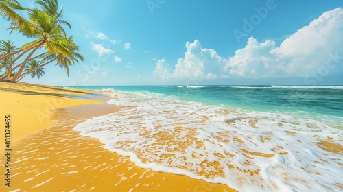 A vibrant tropical beach with golden sand and turquoise waters gently lapping the shore, palm trees swaying under a bright blue sky, creating a perfect paradise scene.
