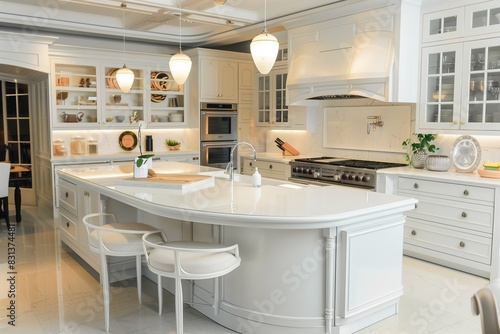 Glossy white kitchen with an oversized island and integrated seating.