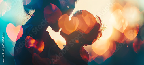 child and parent hugging, strong bond, loving relationship, family warmth, close up, focus on, copy space, Double exposure silhouette with hearts.
