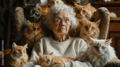 Pretty grandmother wearing glasses sitting in chair with her cats.