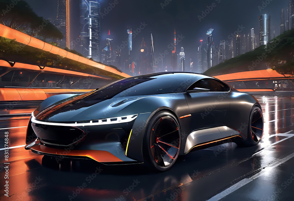 Obraz premium concept of a futuristic car of the future on a night city street, modern electric car,