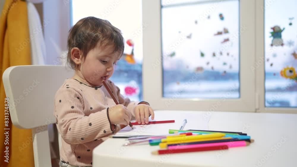 baby girl draws while sitting at a table by the window at home. happy family kid concept. baby daughter learns to draw with pencils on a sheet of paper indoors. development of dream fine motor skills baby girl draws while sitting at a table by the window at home. happy family kid concept. baby daughter learns to draw with pencils on a sheet of paper indoors. development of dream fine motor skills