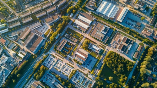 Aerial view of a modern factory complex with multiple buildings  green areas  and parking lots  neatly organized layout  surrounded by industrial and urban areas  clear sunny day  photography  drone