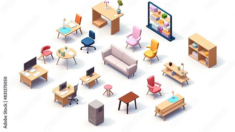 Set of isometric office furniture with desk and chair icons. Set of isometric office furniture with desk and chair icons.