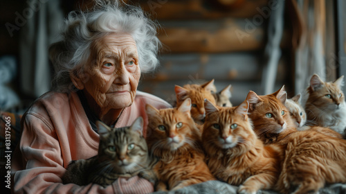 Grandmother with tabby furry cats around her.