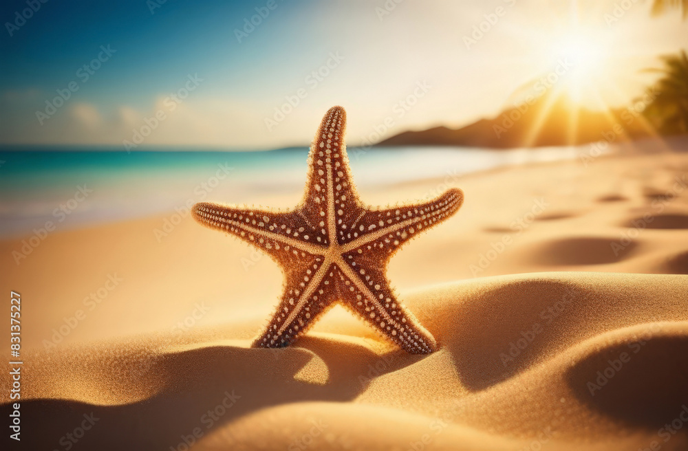 One sea-star standing on the tropical beach in sand, copyspace for text. Concept of summer relaxation One sea-star standing on the tropical beach in sand, copyspace for text. Concept of summer relaxation