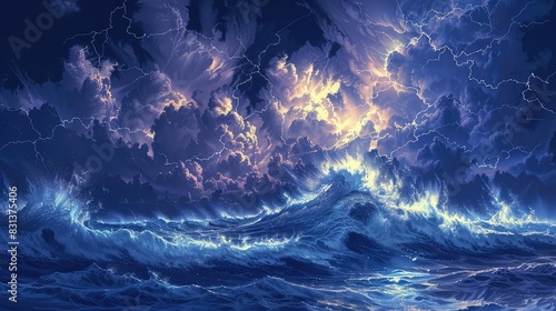 A thunderstorm over the ocean, with towering waves and lightning flashing across the dark sky, powerful and chaotic, cool tones, digital painting,