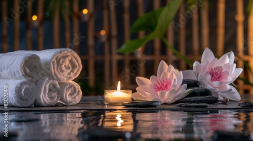 A serene spa setting with lit candles  rolled towels  pebbles  and a lotus flower creating a calming ambiance