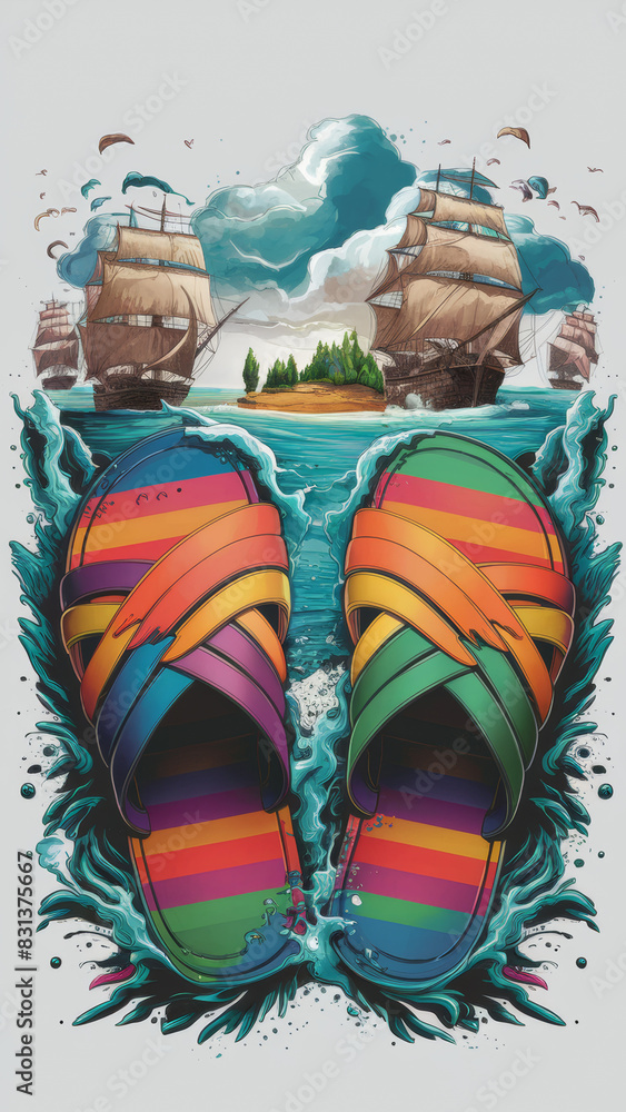 Obraz premium An illustration of colorful beach sandals that magically transform into a stunning sea and a charming little island. The overall effect is a harmonious combination of nature and human creativity.