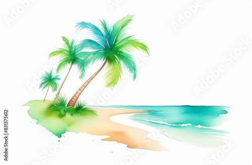 Some rainbow palm trees and beach isolated on solid white. Clear white background, watercolor, postcard