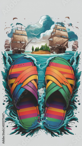 An illustration of colorful beach sandals that magically transform into a stunning sea and a charming little island. The overall effect is a harmonious combination of nature and human creativity.