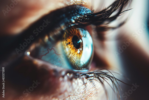 closeup of an eye, detailed iris, intense gaze, human connection, focus on, copy space, Double exposure silhouette with eyelashes. photo