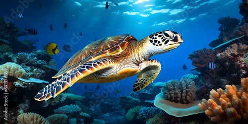 Hawksbill turtle gracefully navigating through the coral reef in the Indian Ocean off the coast of Maldives. Concept Marine Life  Coral Reef  Hawksbill Turtle  Indian Ocean  Maldives