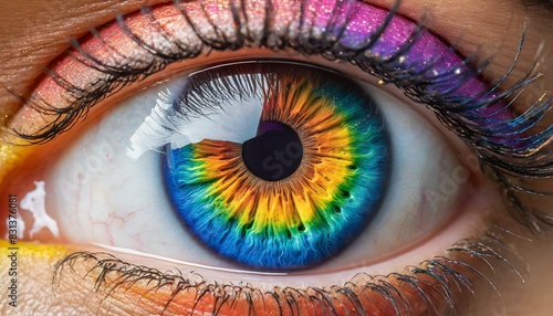 human eye with colors of lgbt flag close up
